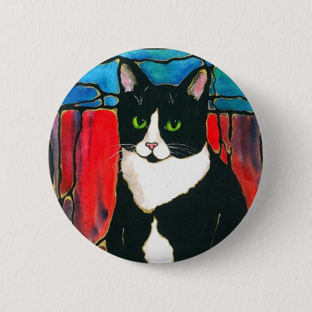 Tuxedo Cat Stained Glass Design Art T-Shirt 6 Cm Round Badge (Front)