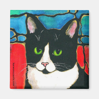 Tuxedo Cat Stained Glass Design Art T-Shirt Magnet