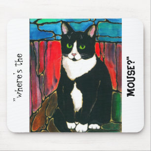 Tuxedo Cat Stained Glass Design Art T-Shirt Mouse Mat