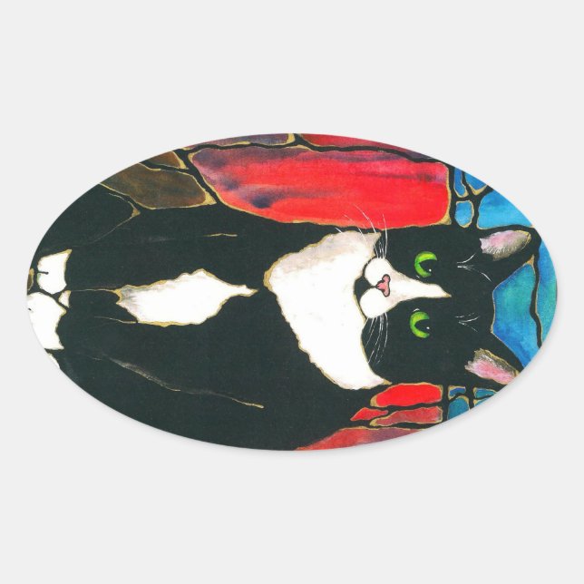 Tuxedo Cat Stained Glass Design Art T-Shirt Oval Sticker (Front)