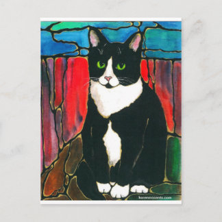 Tuxedo Cat Stained Glass Design Art T-Shirt Postcard