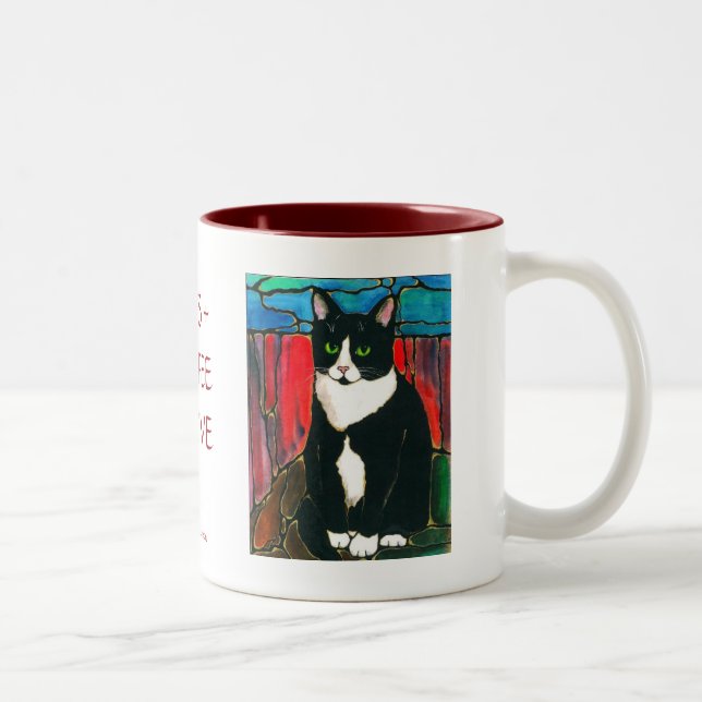 Tuxedo Cat Stained Glass Design Art T-Shirt Two-Tone Coffee Mug (Right)