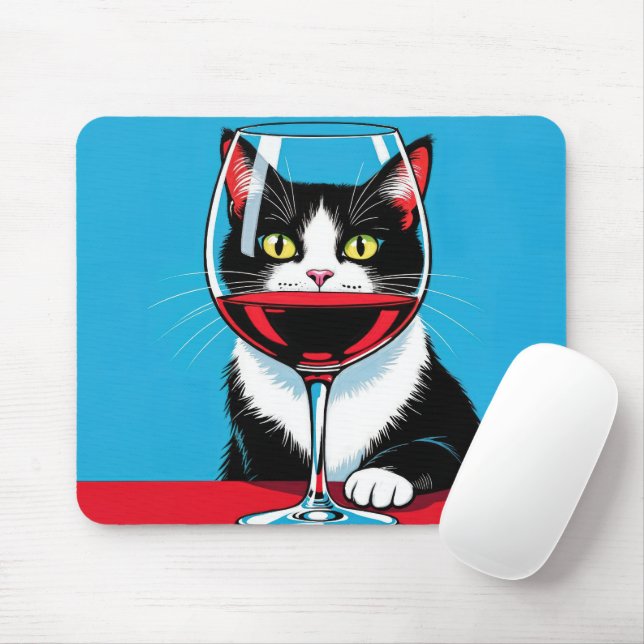 Tuxedo Cat Staring Through a Wine Glass Mouse Mat (With Mouse)