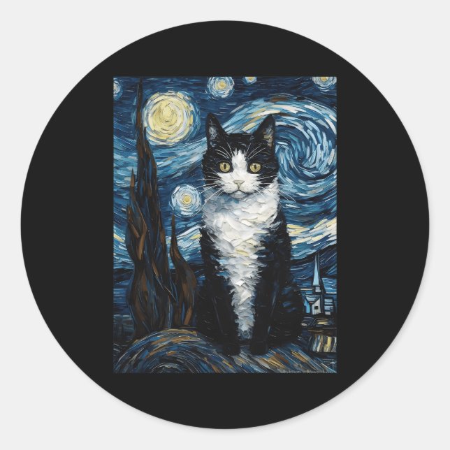 Tuxedo Cat Starry Night Moon And Stars Classic Round Sticker (Front)