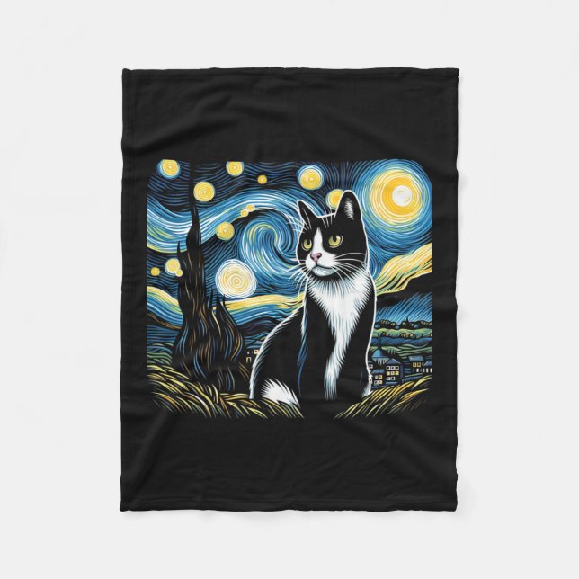Tuxedo Cat Starry Night Painting Tuxedo Cat Owner  Fleece Blanket (Front)