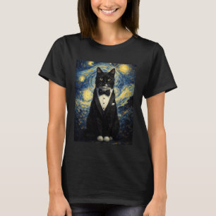 Tuxedo Cat Starry Night Van Gogh Inspired Painting T-Shirt