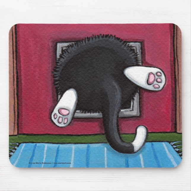 Tuxedo Cat Stuck in a Cat Flap - Funny Cat Art Mouse Mat (Front)