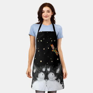 Tuxedo Cat Surprised by Dragonfly Apron