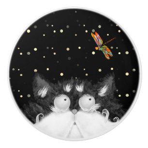 Tuxedo Cat Surprised by Dragonfly  Ceramic Knob