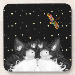Tuxedo Cat Surprised by Dragonfly  Coaster