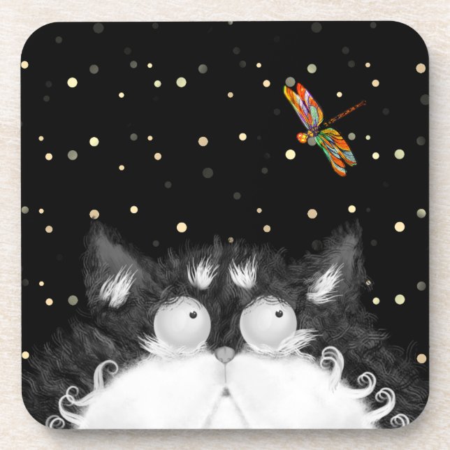 Tuxedo Cat Surprised by Dragonfly  Coaster (Front)