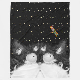 Tuxedo Cat Surprised by Dragonfly  Fleece Blanket