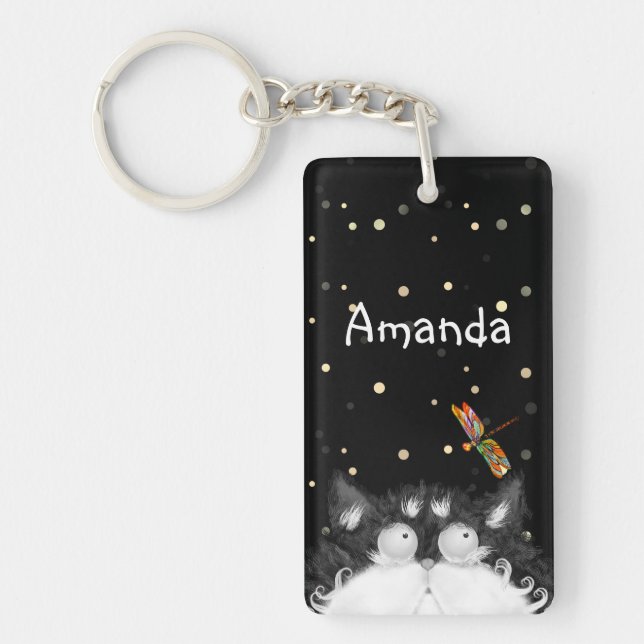 Tuxedo Cat Surprised by Dragonfly  Key Ring (Front)