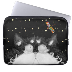 Tuxedo Cat Surprised by Dragonfly Laptop Sleeve