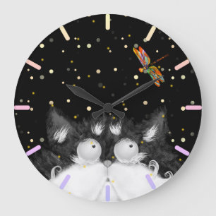 Tuxedo Cat Surprised by Dragonfly Large Clock
