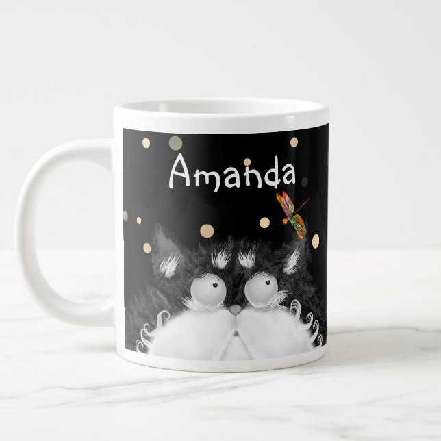 Tuxedo Cat Surprised by Dragonfly  Large Coffee Mug (Left)