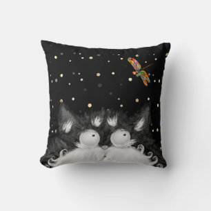 Tuxedo Cat Surprised by Dragonfly Throw Pillow