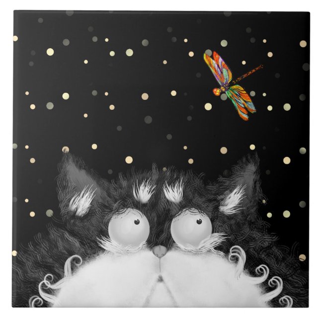 Tuxedo Cat Surprised by Dragonfly Tile (Front)