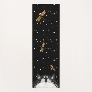 Tuxedo Cat Surprised by Dragonfly Yoga Mat