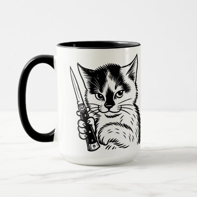 Tuxedo Cat Switchblade Attitude Mug by Phil Elmore (Left)