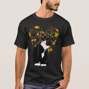 Tuxedo Cat T Shirt Gift Autumn Fall Leaves Black A