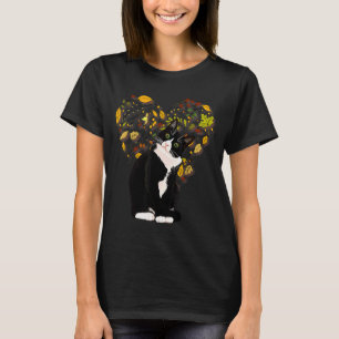 Tuxedo Cat T Shirt Gift Autumn Fall Leaves Black A