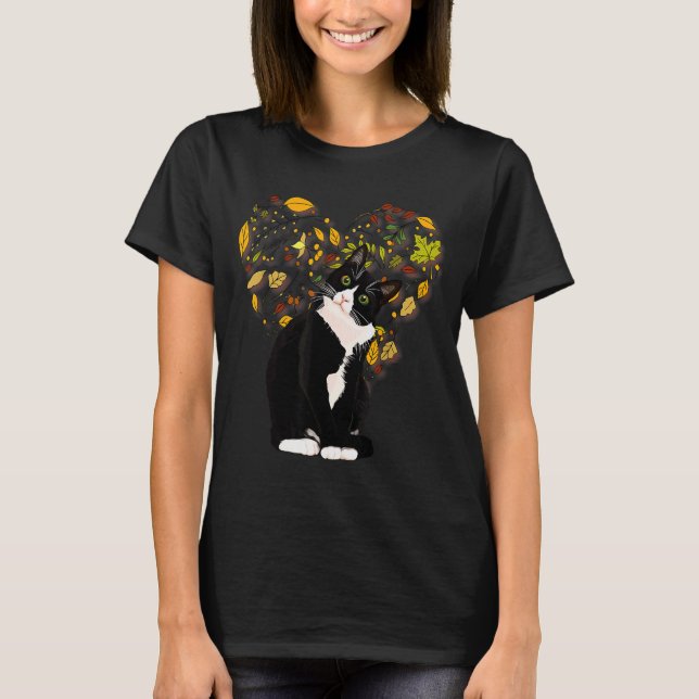 Tuxedo Cat T Shirt Gift Autumn Fall Leaves Black A (Front)