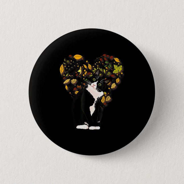 Tuxedo Cat T Shirt Gift Autumn Fall Leaves Black A 6 Cm Round Badge (Front)
