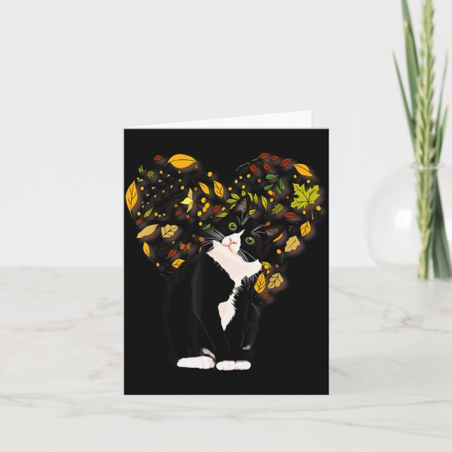 Tuxedo Cat T Shirt Gift Autumn Fall Leaves Black A Card (Front)