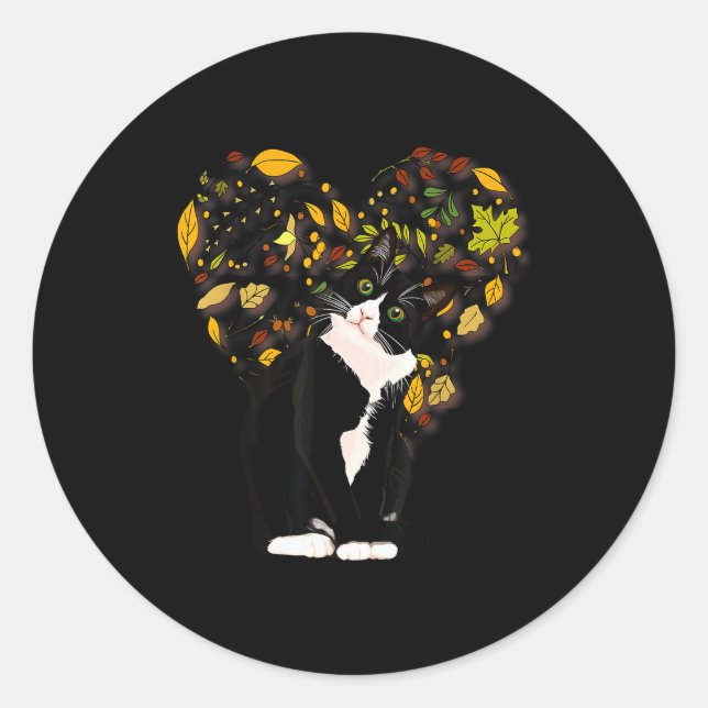 Tuxedo Cat T Shirt Gift Autumn Fall Leaves Black A Classic Round Sticker (Front)