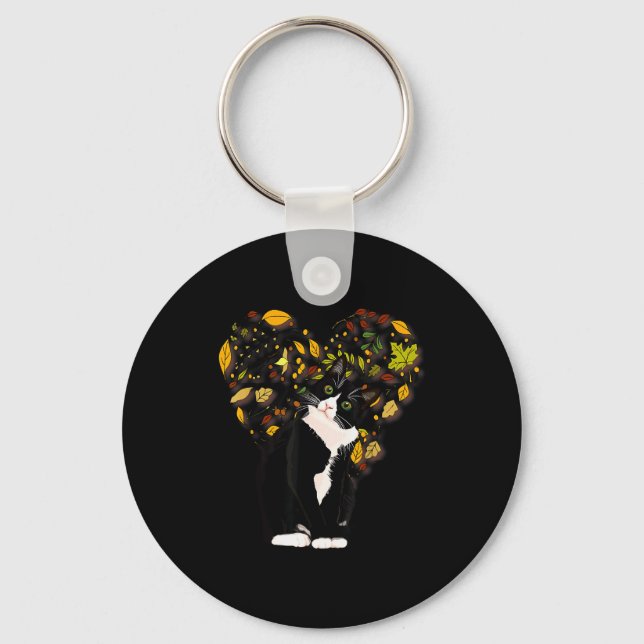Tuxedo Cat T Shirt Gift Autumn Fall Leaves Black A Key Ring (Front)