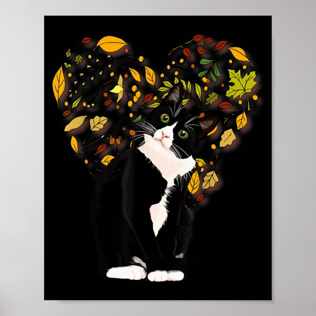 Tuxedo Cat T Shirt Gift Autumn Fall Leaves Black A Poster (Front)