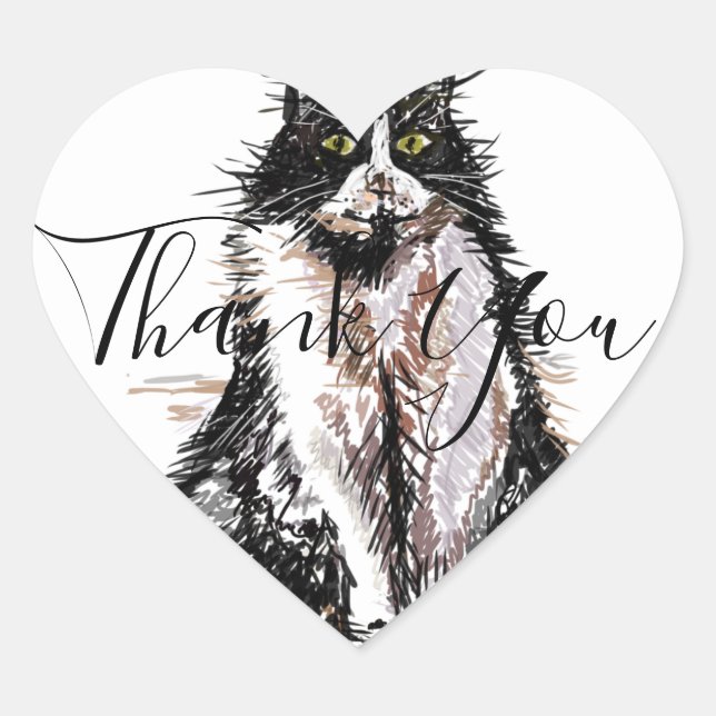 Tuxedo Cat Thank You Black and White Cats Heart Heart Sticker (Front)
