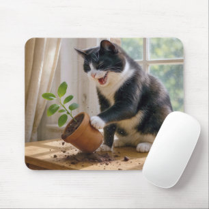 Tuxedo Cat Toppling a Potted House Plant Mouse Mat