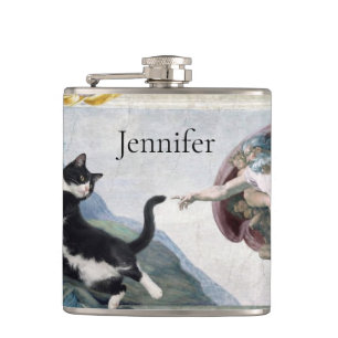Tuxedo Cat Touching the Divine Paw Hip Flask