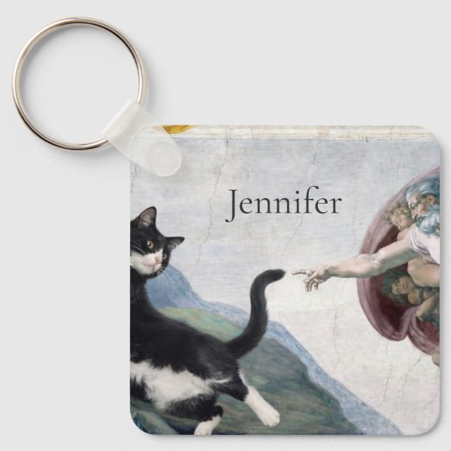 Tuxedo Cat Touching the Divine Paw                 Key Ring (Front)