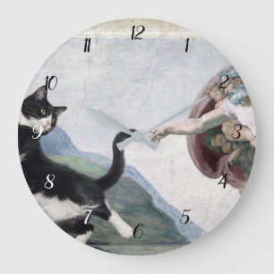 Tuxedo Cat Touching the Divine Paw Large Clock