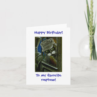 Tuxedo Cat Train Conductor Birthday Card