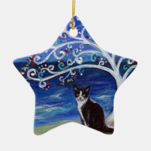 Tuxedo Cat & Tree of Life Ceramic Tree Decoration