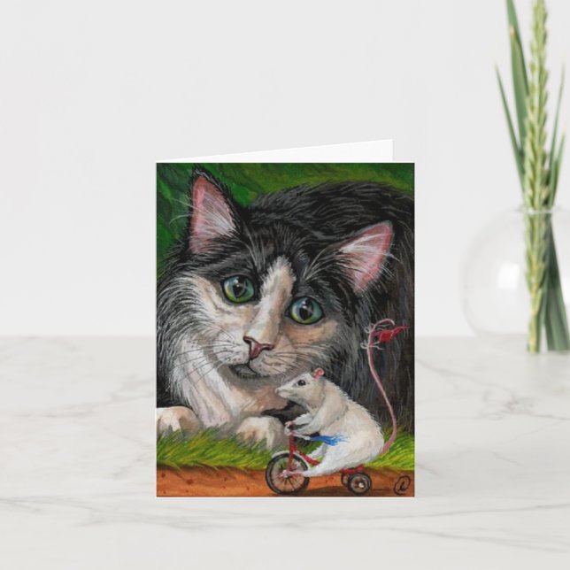 TUXEDO CAT Tricycle Mouse Note Card (Front)