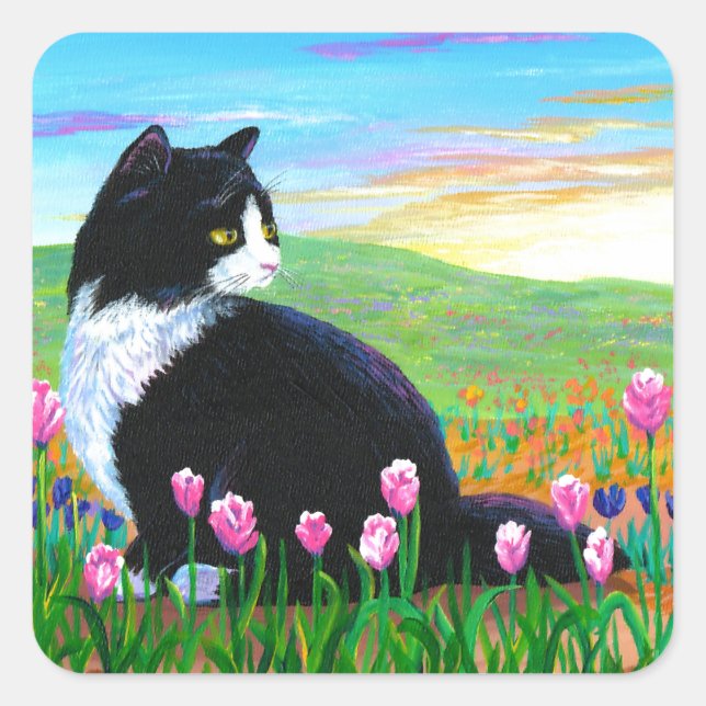 Tuxedo Cat Tulips Creationarts Square Sticker (Front)