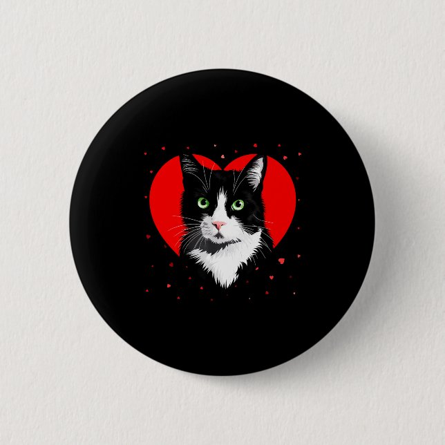 Tuxedo Cat Valentine Heart For Kitten And Animal L 6 Cm Round Badge (Front)