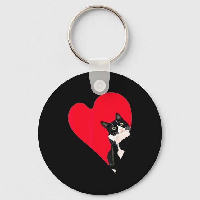 Tuxedo Cat Valentine Heart For Kitten And Animal L Key Ring (Front)