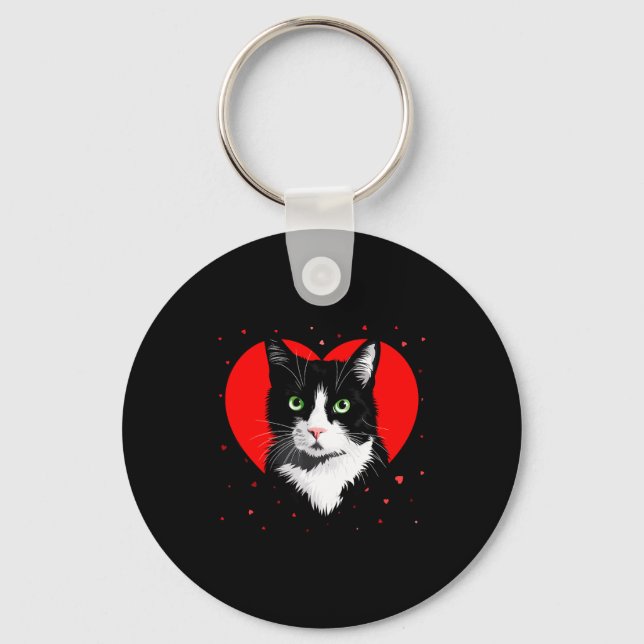 Tuxedo Cat Valentine Heart For Kitten And Animal L Key Ring (Front)