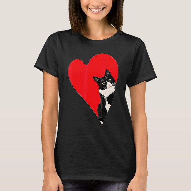 Tuxedo Cat Valentine Heart for Kitten and Animal T-Shirt (Front)