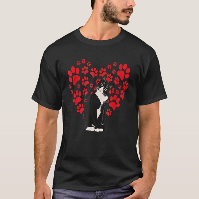 Tuxedo Cat Valentine Heart Paw For Kitten And Cat  T-Shirt (Front)
