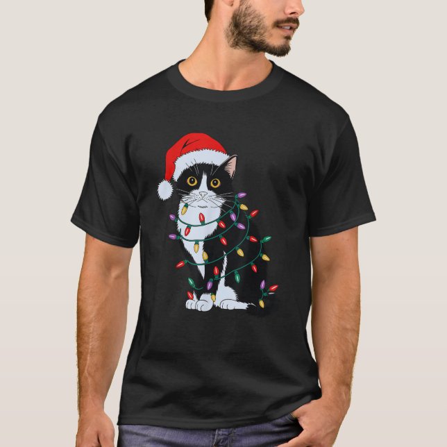 Tuxedo Cat Wearing Santa Hat Christmas Tree Lights T-Shirt (Front)