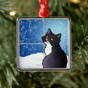 Tuxedo Cat Window Ceramic Ornament