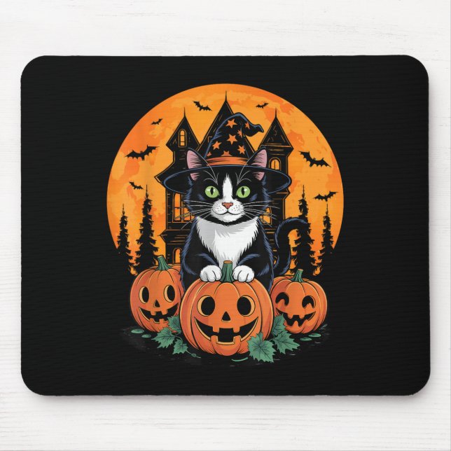 Tuxedo Cat Witch Hat Halloween Y Jack O Lantern Pu Mouse Mat (Front)