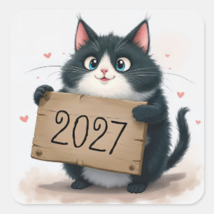 Tuxedo Cat with 2026 New Year Sign Square Sticker